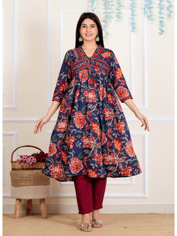 Vbuyz - Womens Navy Blue Floral Print Aaliya Cut Flared Kurta