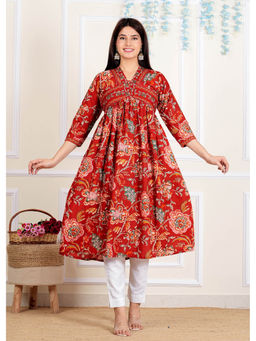 Vbuyz - Womens Red Floral Print Aaliya Cut Flared Kurta