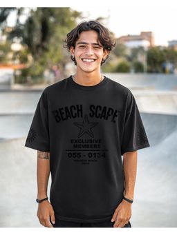 Bewakoof - Men Jet Black Beachscape Typography Oversized T-Shirt