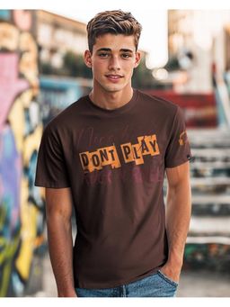 Bewakoof - Men Chocolate Brown Rock N Roll Typography T-Shirt