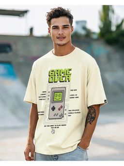 Bewakoof - Heavy Duty 1.0 Men Beige Game Over Graphic Printed Oversized T-Shirt