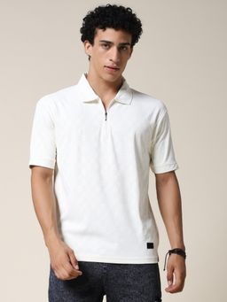 PRONK - Men Relaxed Fit Textured White Polo T-Shirt