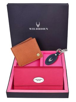 WILDHORN - Premium Leather Ladies Wallet, Mens Wallet and Keychain Gift -1K_RO_2052TA_K (Set of 3)