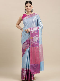 Banarasi Silk Works - Blue Silver Zari Kanchi Silk Tanchoi Meena Saree with Unstitched Blouse