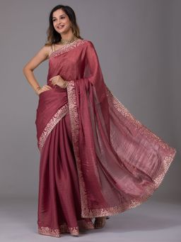 Koskii - Rust Beads And Stones Semi Crepe Designer Saree With Unstitched Blouse