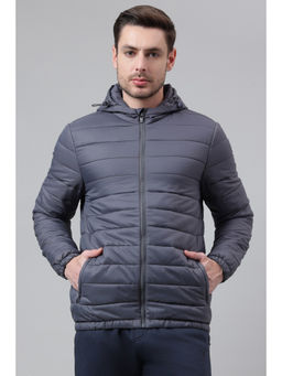 Van Heusen - Men Solid Hooded Full Sleeve Grey Puffer Jacket