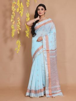 CHARUKRITI - Ice Blue Cotton Handspun Ethnic Motifs & Woven Pallu Saree with Unstitched Blouse