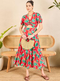 Uptownie - Puff Sleeve Front Cut Out Cotton Midi Dress