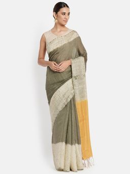 Fabindia - Green Silk Tie and Dye Shibori Contrast Tassel Saree without Blouse