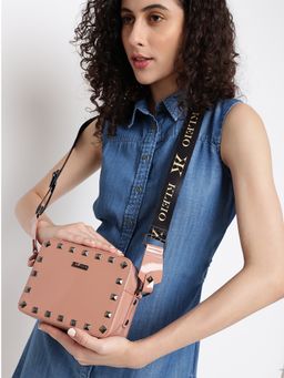 KLEIO - Structured Studded Patent Vegan Leather Sling Cross Body Bag For Womens And Girls