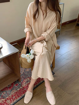 Outzidr - Brown Longline Button Down Shirt Street Style Dress