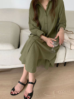 Outzidr - Olive Longline Button Down Shirt Street Style Dress