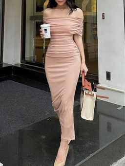 Outzidr - Pink Off-Shoulder Solid Party Dress