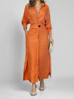 Outzidr - Orange Shirt Dress with Side Slit