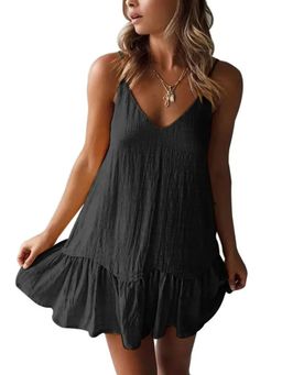 Outzidr - Black Strappy A-Line Dress