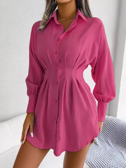 Outzidr - Red Sinched Waist Shirt Party Dress