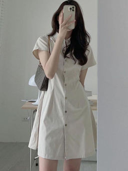 Outzidr - Sinched Waist White Shirt Party Dress