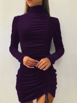 Outzidr - Purple Side Ruched High Neck Party Dress