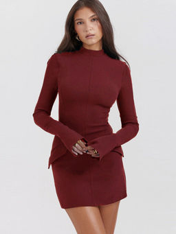 Outzidr - Wine High Neck Full Sleeves Pocket Flaps Party Dress