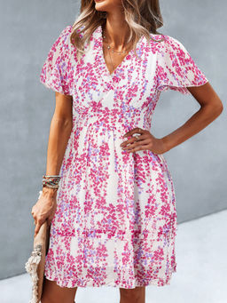 Outzidr - Pink V Neck Flutter Sleeves Dress