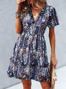 Outzidr - Navy Blue V Neck Flutter Sleeves Dress