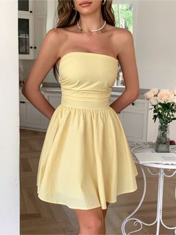 Outzidr - Yellow Tube Solid Skater Party Dress