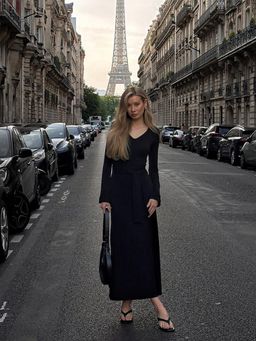 Outzidr - V Neck Street Style Dress with Waist Belt