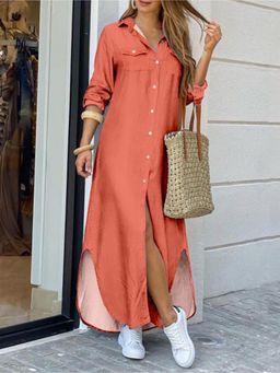 Outzidr - Orange Conversational Printed Shirt Party Dress