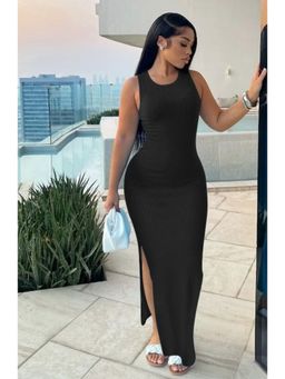 Outzidr - Black Wide Strapped Tank Bodycon Casual Dress