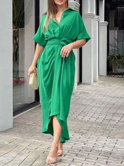 Outzidr - Green Shirt Street Style Dress with Robe Detailing