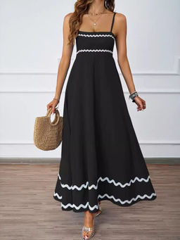 Outzidr - Black Noodle Strap Contrast Patterned Dress