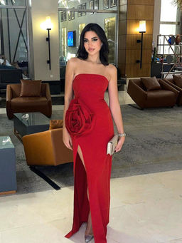 Outzidr - Red Tube Party Dress with A Rosette Detail