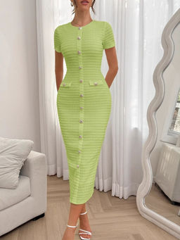 Outzidr - Yellow Slim High Neck Textured Party Dress