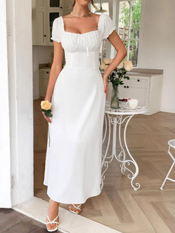 Outzidr - White Off-Shoulder Bustier Fit and Flare Party Dress