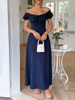 Outzidr - Navy Blue Off-Shoulder Fit and Flare Bustier Party Dress