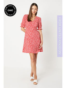 Dorothy Perkins - Red Ditsy V Neck Short Sleeve Mini Dress