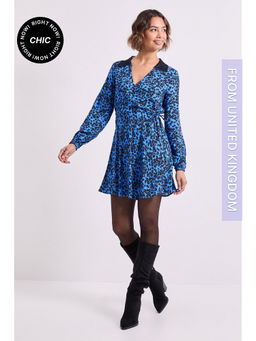 Dorothy Perkins - Blue Floral Lace Collar Detail Wrap Printed Mini Dress