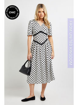 Dorothy Perkins - Mono Spot Lace Detail Dropped Waist V-Neck Printed Midi Dress - Multi-Color