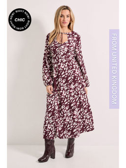 Dorothy Perkins - Animal Keyhole Tie Detail Midi Dress - Burgundy