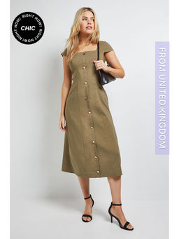 Dorothy Perkins - Bengaline Button Down Midi Dress - Khaki