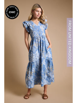 Dorothy Perkins - (Q) Blue Paisley Lace Trim V-Neck Printed Poplin Midi Dress