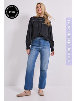 Dorothy Perkins - Contrast Stitching Shirred Yoke Long Sleeve Blouse - Black