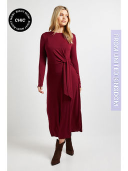 Dorothy Perkins - Tie Detail Long Sleeve Jersey Midi Dress - Burgundy