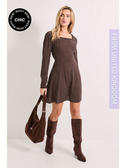 Dorothy Perkins - Chocolate Pin spot Square Neck Lace Trim Mini Dress - Brown