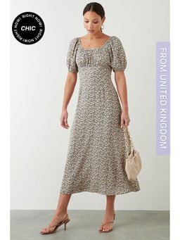 Dorothy Perkins - Ditsy Floral Ruched Scoop Neck Midi Dress - Ivory