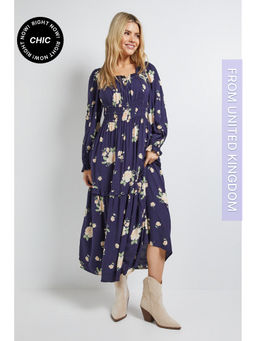 Dorothy Perkins - Navy Floral Square Neck Blouson Sleeve Tiered Maxi Dress - Navy Blue