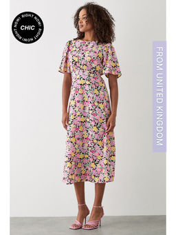 Dorothy Perkins - Pink Floral Flutter Sleeve Shirred Waist Midi Dress