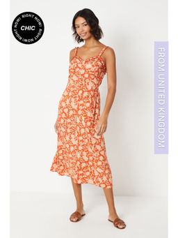 Dorothy Perkins - Floral Button Through Frill Neckline Midi Dress - Rust