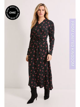 Dorothy Perkins - Floral Collared Shirred Back Long Sleeve Jersey Midi Dress - Black