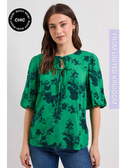 Dorothy Perkins - Tie Detail Puff Sleeve Printed Top - Green